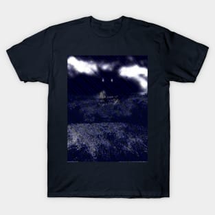 Digital collage and special processing. I am standing in field, and big, dark monster looking on me. Grayscale and blue dotted lines. T-Shirt